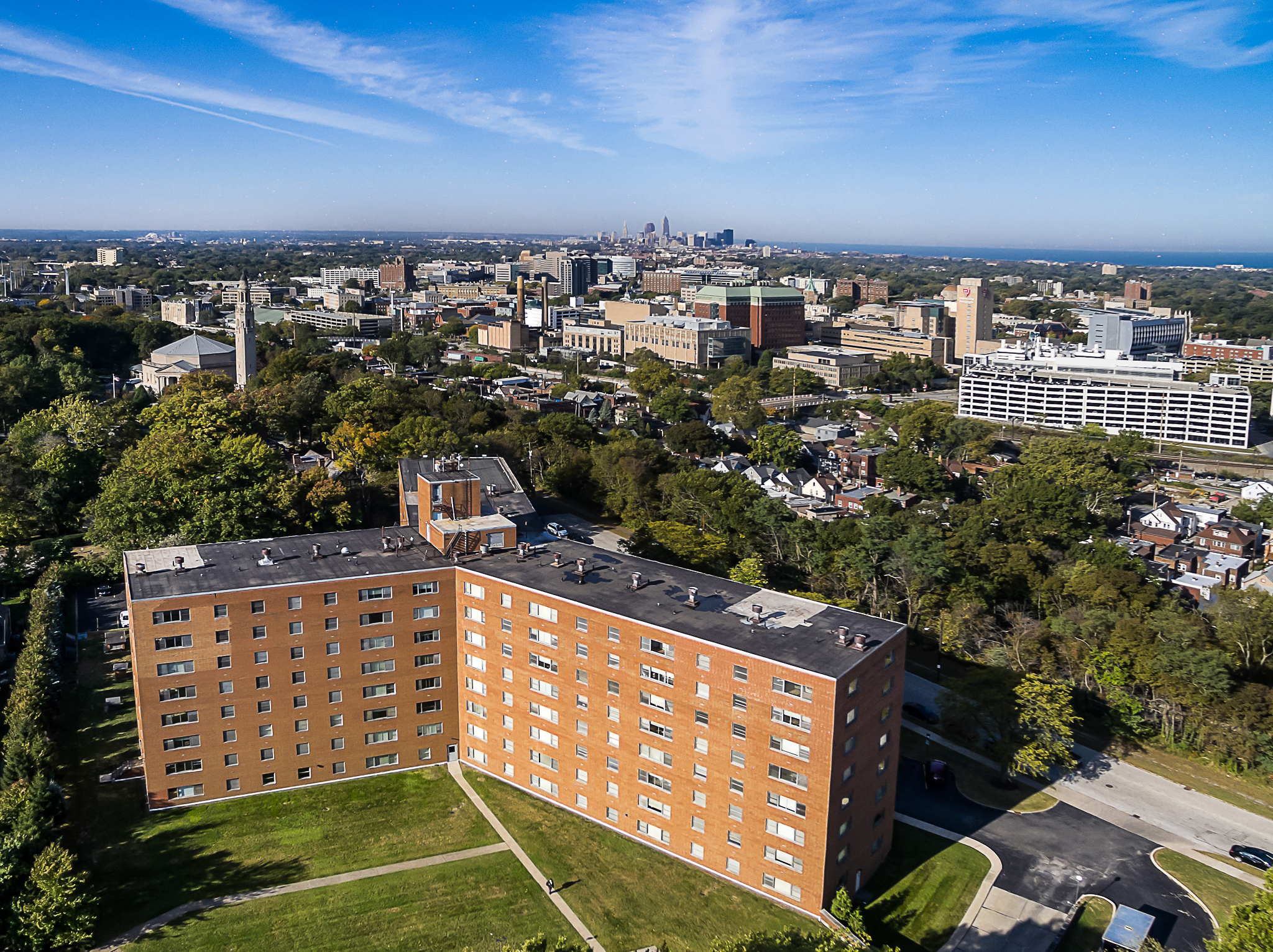 Aerial shot of Waldorf Towers in Cleveland Heights with a view of downtown Cleveland