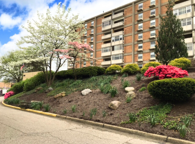 View of Highland Tower, a 97-unit apartment building,on Akron's Highland Square